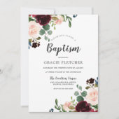 ピンク&ブルゴーニュ赤い花バプテスマ《キリスト教》洗礼式や命名式 招待状 (正面)