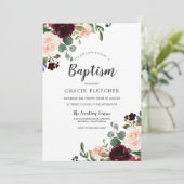 ピンク&ブルゴーニュ赤い花バプテスマ《キリスト教》洗礼式や命名式 招待状 (スタンド正面)