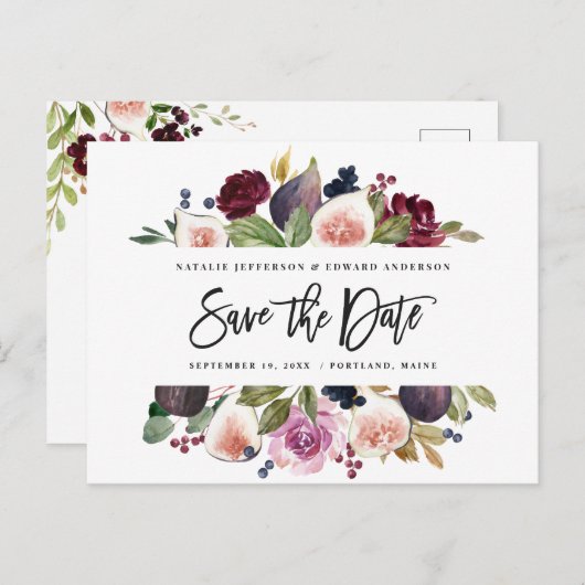 ピンク、ブルゴーニュ、イチジクのフローラは日付を保存 ポストカード (正面/裏面)