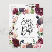 ピンク、ブルゴーニュ、イチジクのフローラは日付を保存 ポストカード (正面/裏面)