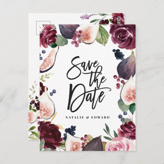 ピンク、ブルゴーニュ、イチジクのフローラは日付を保存 ポストカード (正面/裏面)