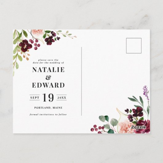 ピンク、ブルゴーニュ、イチジクのフローラは日付を保存 ポストカード (裏面)