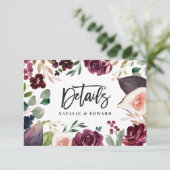 ピンク、ブルゴーニュ、イチジクのフローラ結婚の詳細カード セーブザデート (スタンド正面)