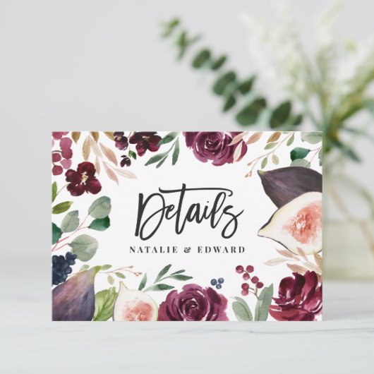 ピンク、ブルゴーニュ、イチジクのフローラ結婚の詳細カード セーブザデート (スタンド正面)