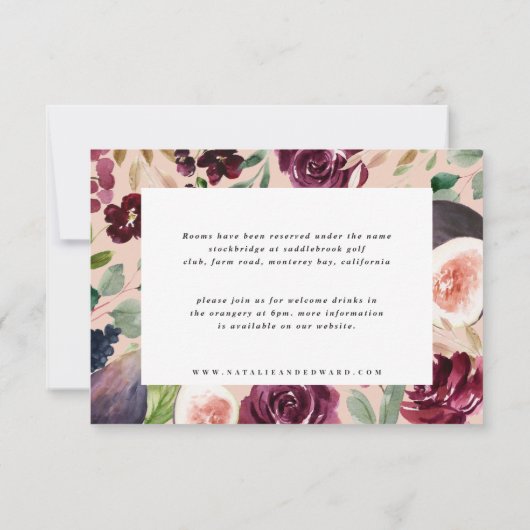 ピンク、ブルゴーニュ、イチジクのフローラ結婚の詳細カード セーブザデート (裏面)