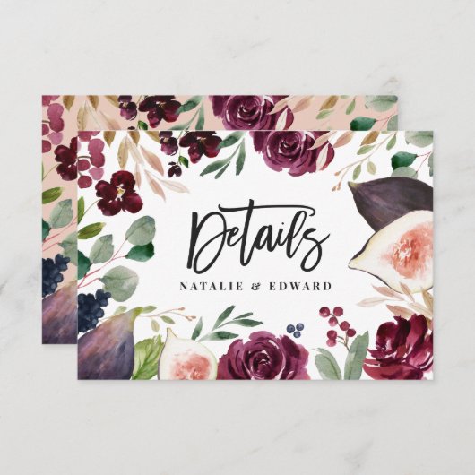 ピンク、ブルゴーニュ、イチジクのフローラ結婚の詳細カード セーブザデート (正面/裏面)