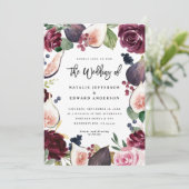 ピンク、ブルゴーニュ、イチジクのフローラ結婚式招待状 (スタンド正面)