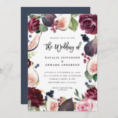 ピンク、ブルゴーニュ、イチジクのフローラ結婚式招待状 (正面/裏面)