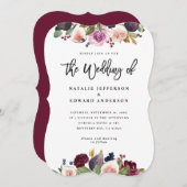 ピンク、ブルゴーニュ、イチジクのフローラ結婚式招待状 (正面/裏面)