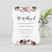 ピンク、ブルゴーニュ、イチジクのフローラ結婚式招待状 (スタンド正面)