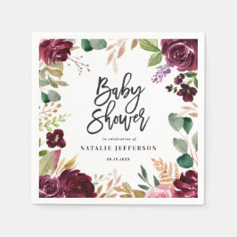 ピンク、ブルゴーニュ、+イチジクの水色フローラとスクリプト スタンダードカクテルナプキン