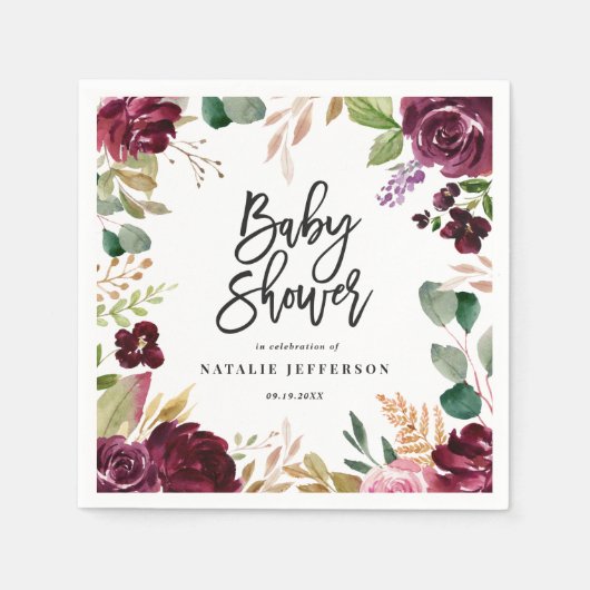 ピンク、ブルゴーニュ、+イチジクの水色フローラとスクリプト スタンダードカクテルナプキン (正面)