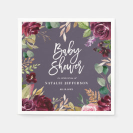 ピンク、ブルゴーニュ、+イチジクの水色フローラとスクリプト スタンダードカクテルナプキン