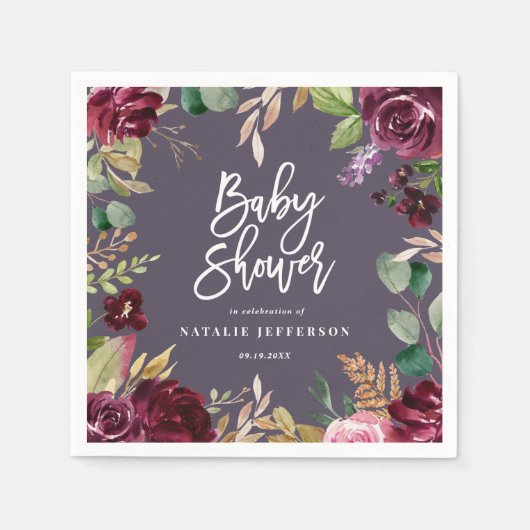 ピンク、ブルゴーニュ、+イチジクの水色フローラとスクリプト スタンダードカクテルナプキン (正面)