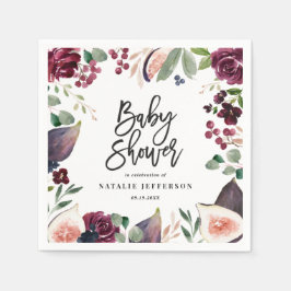 ピンク、ブルゴーニュ、+イチジクの水色フローラとスクリプト スタンダードカクテルナプキン