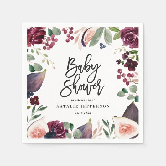 ピンク、ブルゴーニュ、+イチジクの水色フローラとスクリプト スタンダードカクテルナプキン (正面)