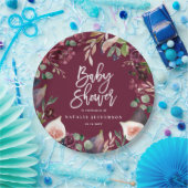 ピンク、ブルゴーニュ、+イチジクの水色フローラとスクリプト ペーパープレート (パーティー)