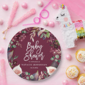 ピンク、ブルゴーニュ、+イチジクの水色フローラとスクリプト ペーパープレート (パーティー)