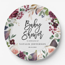 ピンク、ブルゴーニュ、+イチジクの水色フローラとスクリプト ペーパープレート