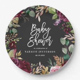 ピンク、ブルゴーニュ、+イチジクの水色フローラとスクリプト ペーパープレート