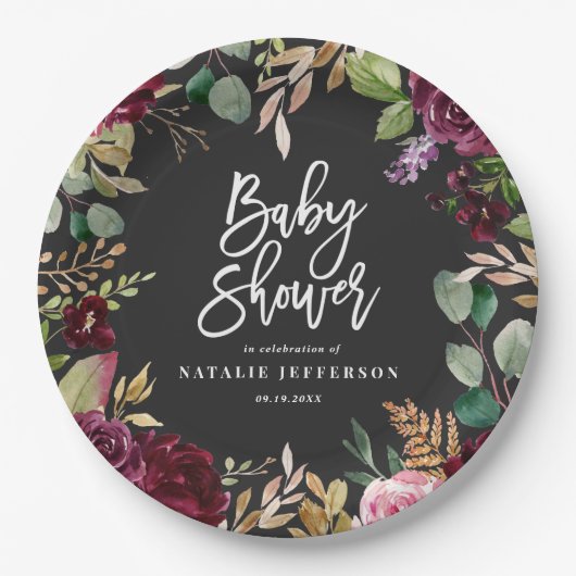 ピンク、ブルゴーニュ、+イチジクの水色フローラとスクリプト ペーパープレート (正面)