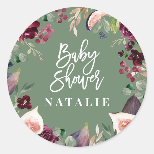 ピンク、ブルゴーニュ、+イチジクの水色フローラとスクリプト ラウンドシール (正面)