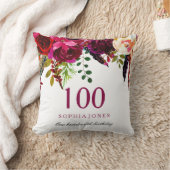 ピンク&ブルゴーニュ・ボホフローラ100誕生日ギフト クッション (ブランケット)