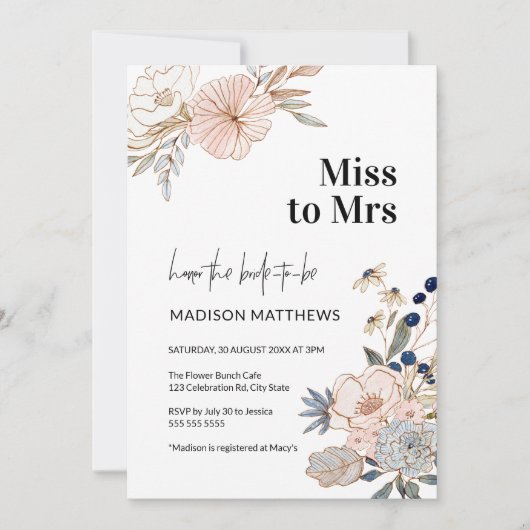 ピンク・ブルーかわいらしフローラ恋しく思ブライダルシャワー – ミセス 招待状 (正面)