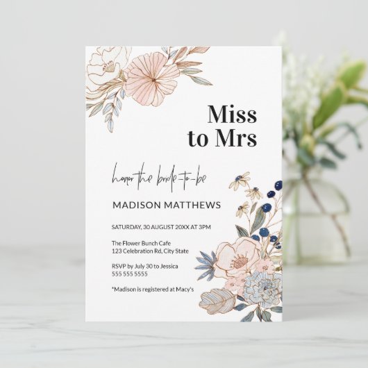 ピンク・ブルーかわいらしフローラ恋しく思ブライダルシャワー – ミセス 招待状 (スタンド正面)