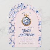 ピンク&ブルーのチャイノエリーポケットウォッチティー 招待状 (正面/裏面)