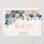 ピンク&ブルーの水彩花ありがとう サンキューカード (正面/裏面)