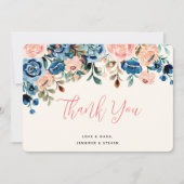 ピンク&ブルーの水彩花ありがとう サンキューカード (正面)
