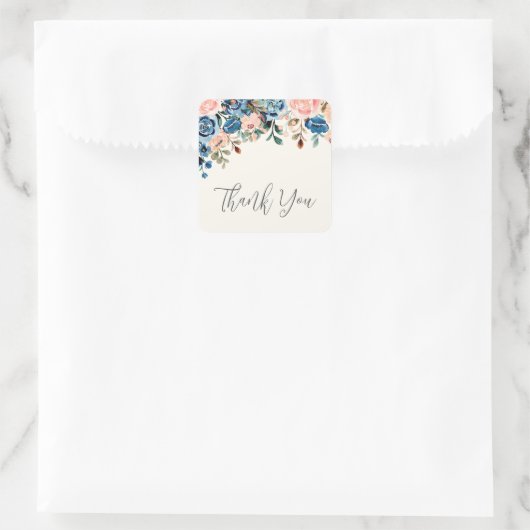 ピンク&ブルーの水彩花ありがとう スクエアシール (バッグ)