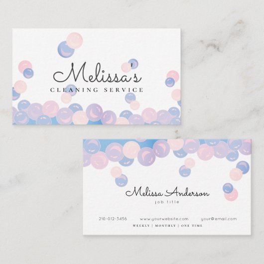 ピンク&ブルーの泡ホーム清掃サービスメイド 名刺 (正面/裏面)