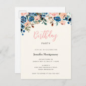 ピンク&ブルーウォーターカラーフラワーバースデーパーティー インビテーションポストカード (正面/裏面)