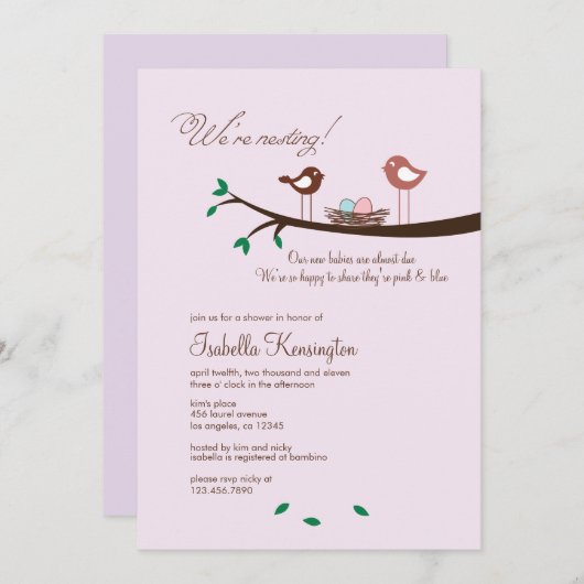 ピンク&ブルーエッグツインズベビーシャワー招待状 招待状 (正面/裏面)