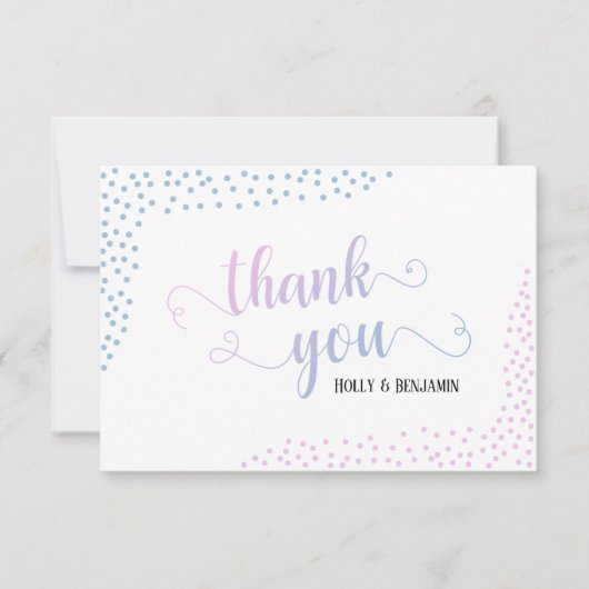 ピンク&ブルーオンブレ紙吹雪タイポグラフィベビーシャワー サンキューカード (正面)