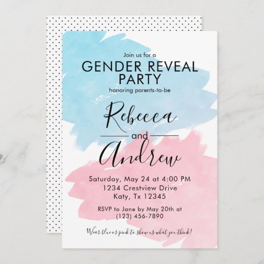 ピンク&ブルーカラスプラッシュジェンダーが赤ちゃんシャワーを明らかにする 招待状 (正面/裏面)