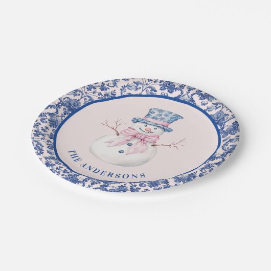 ピンク&ブルークリスマス雪だるま付き/ダマスク付縁どき ペーパープレート (アングル)