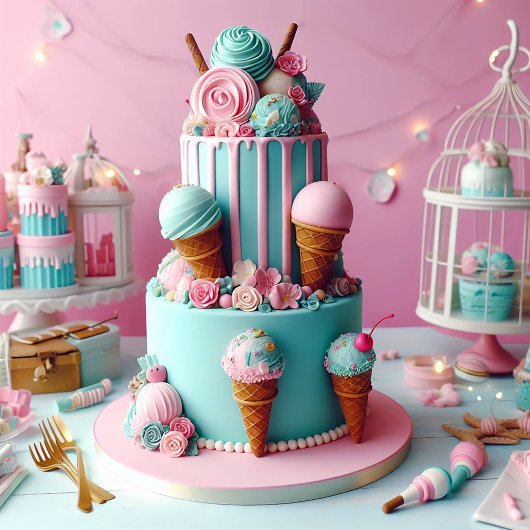 ピンク&ブルークリームをテーマにした子供の誕生日ケーキ カード