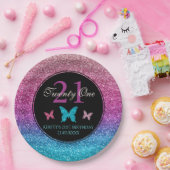 ピンク&ブルーグラデーショングリッター&バタフライ誕生日 ペーパープレート (パーティー)