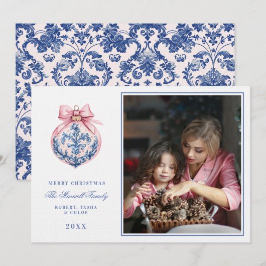 ピンク&ブルーグランドミレニアルダマスクオーナメント写真 招待状 (正面/裏面)