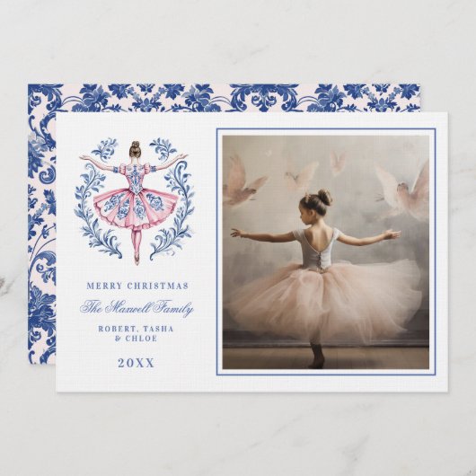 ピンク&ブルーグランドミレニアルダマスクオーナメント写真 招待状 (正面/裏面)