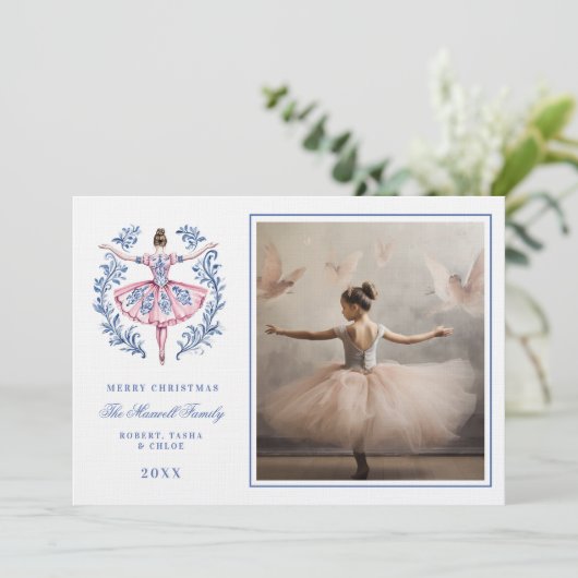 ピンク&ブルーグランドミレニアルダマスクオーナメント写真 招待状 (スタンド正面)