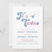ピンク&ブルーグルービーレトロツインズベビー点々のあるシャワー 招待状 (正面)