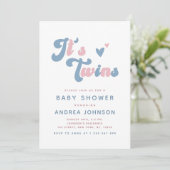 ピンク&ブルーグルービーレトロツインズベビー点々のあるシャワー 招待状 (スタンド正面)