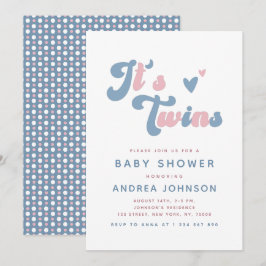 ピンク&ブルーグルービーレトロツインズベビー点々のあるシャワー 招待状