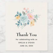 ピンク&ブルースタイリッシュフラワーブーケサンキューイベント ワインラベル (シングルラベル)