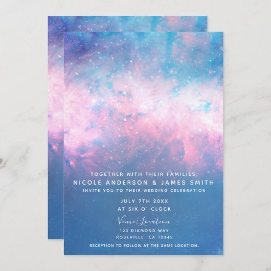 ピンク&ブルースターリーコズミックコットンキャンディースカイ結婚ズ 招待状 (正面/裏面)