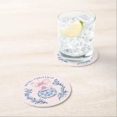 ピンク&ブルーダマスククレストクリスマスオーナメント ラウンドペーパーコースター (インサイチュ)